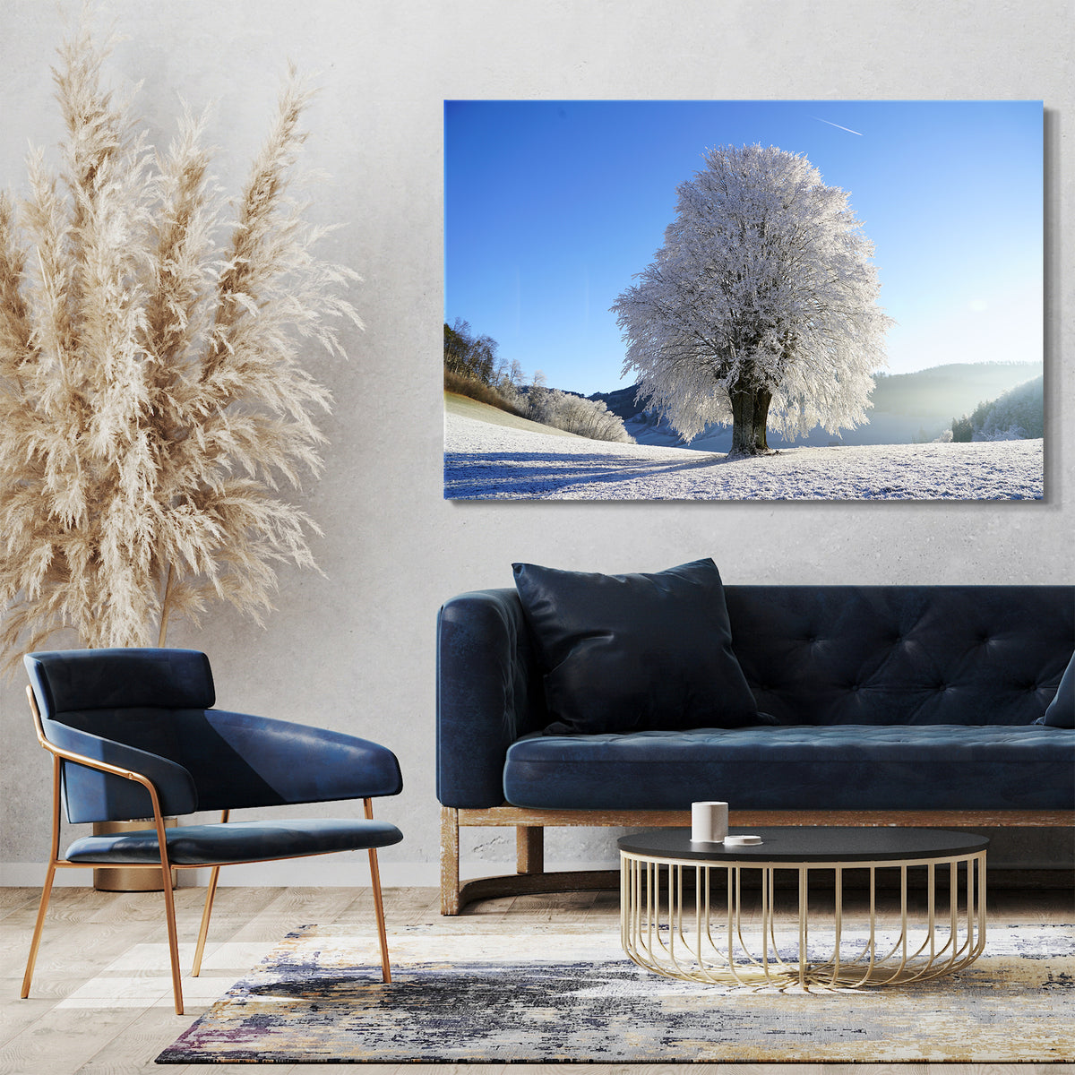 Paintings bla in Schnee-Landschaft Printed vereist – Himmel weißer Winter klar Äste Kunstdruck Baum