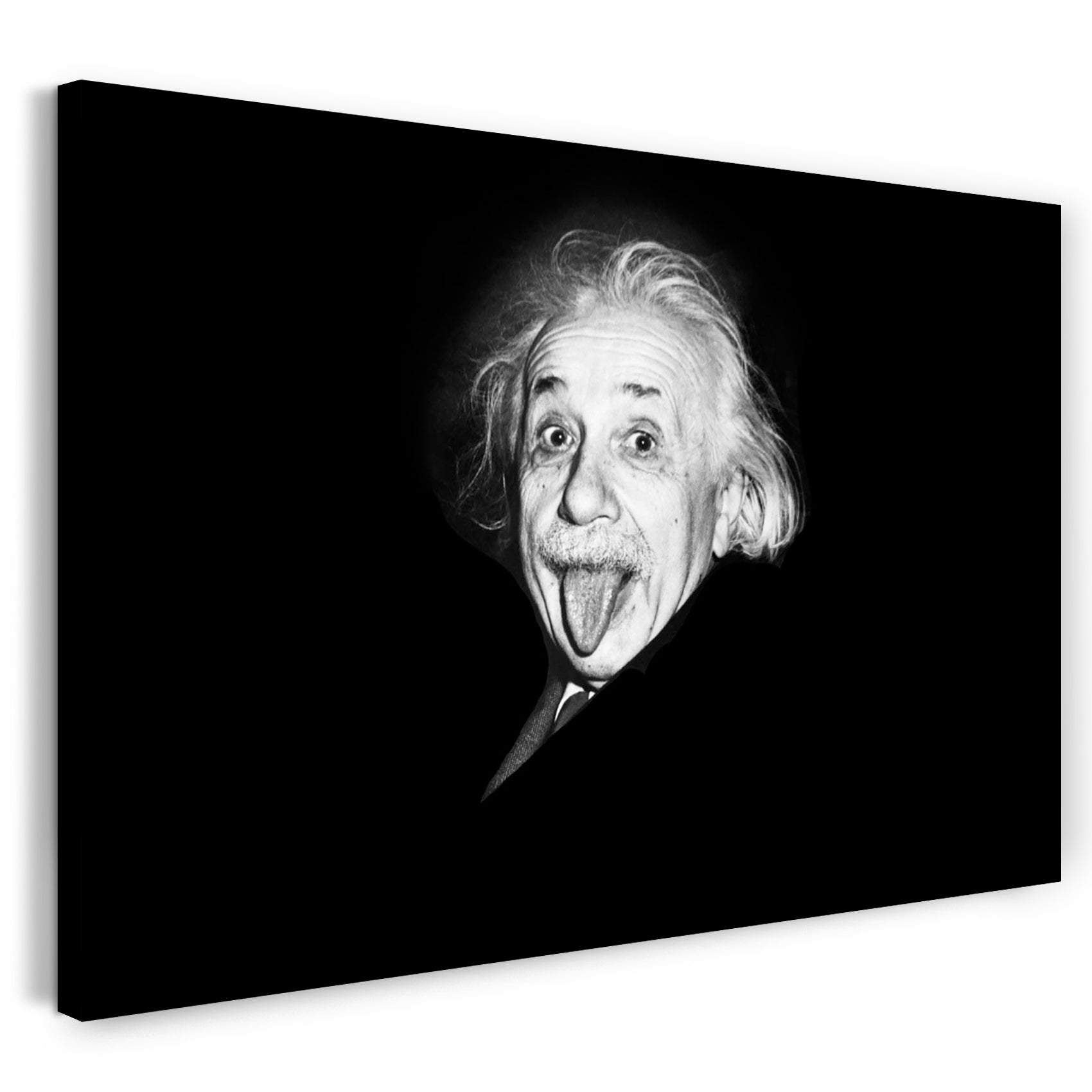 Leinwandbild Albert Einstein Zunge raus-gestreckt schwarzer Hintergrund