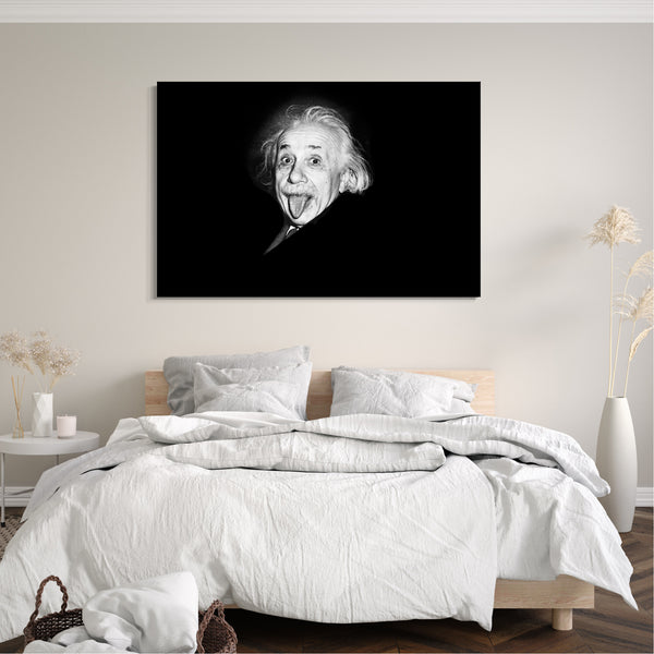 Leinwandbild Albert Einstein Zunge raus-gestreckt schwarzer Hintergrund