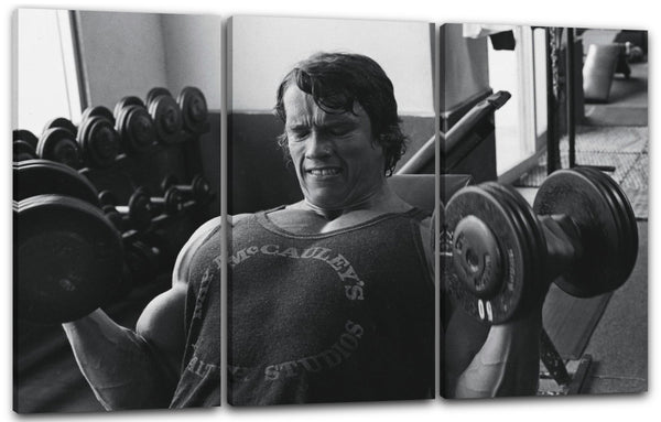 Leinwandbild Arnold Schwarzenegger Muskel-Shirt Hanteln mit Gewichten
