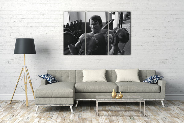 Leinwandbild Arnold Schwarzenegger Muskel-Shirt Hanteln mit Gewichten