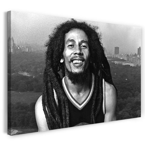 Leinwandbild Bob Marley vor Skyline-Kulisse schulterfreies Basketball-Shirt