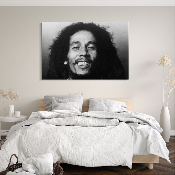 Leinwandbild Bob Marley lachend altes Foto Nahaufnahme Gesicht von vorne