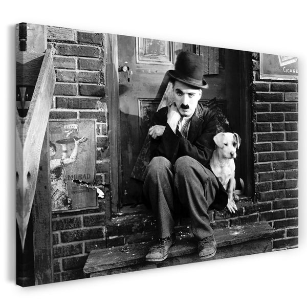 Leinwandbild Charlie Chaplin auf Treppe mit Hund