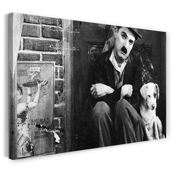 Leinwandbild Charlie Chaplin mit weißem Hund auf Stufen vor Mauer-Haus