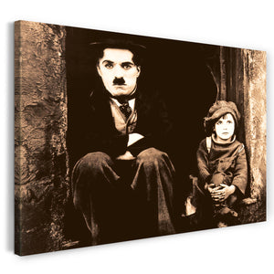 Leinwandbild Charlie Chaplin und kleines Kind auf Stufen vor Haus sitzend
