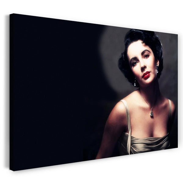 Leinwandbild Elizabeth Liz Taylor jung in Farbe silbernes Kleid Halskette