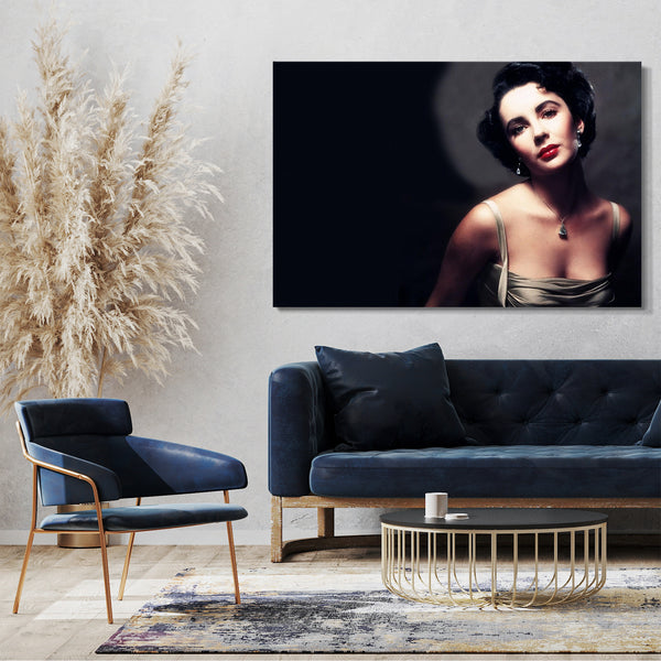 Leinwandbild Elizabeth Liz Taylor jung in Farbe silbernes Kleid Halskette