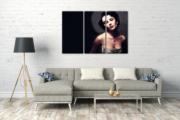 Leinwandbild Elizabeth Liz Taylor jung in Farbe silbernes Kleid Halskette