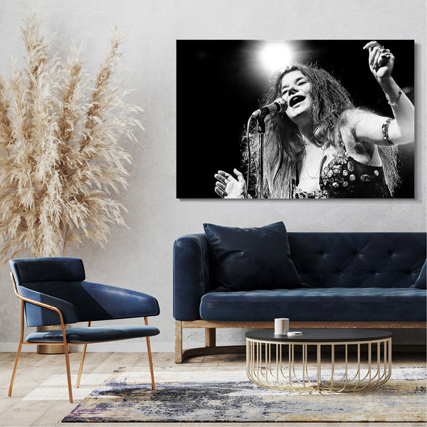 Leinwandbild Janis Joplin on stage Rock-Star schwarz weiß Portrait Konzert