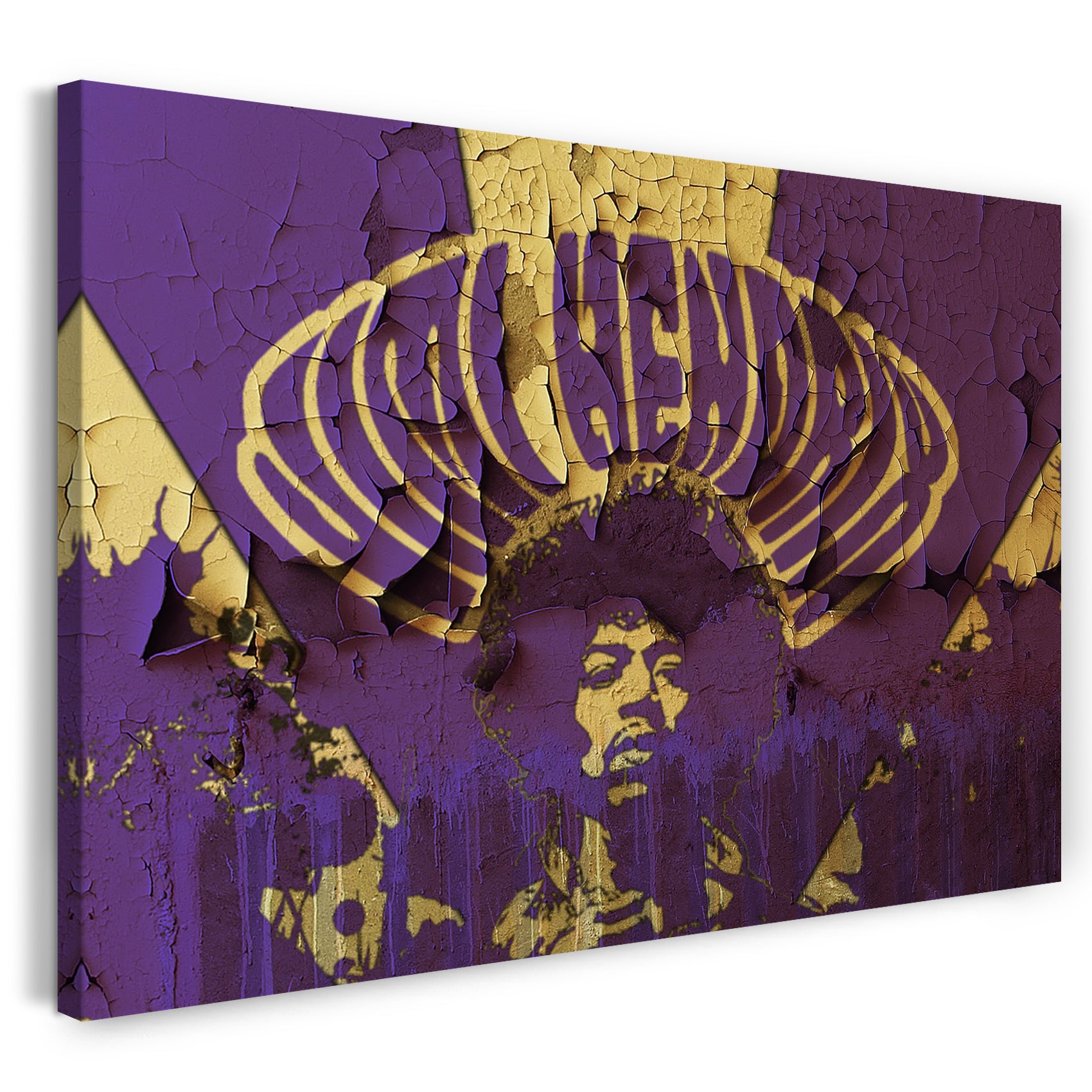 Leinwandbild Jimi Hendrix Foto einer lila Wand mit Altersspuren Vintage