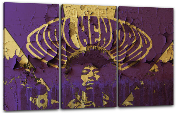 Leinwandbild Jimi Hendrix Foto einer lila Wand mit Altersspuren Vintage