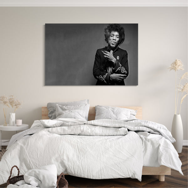 Leinwandbild Jimi Hendrix Portrait mit Zigarett in Hand schwarz-weiß