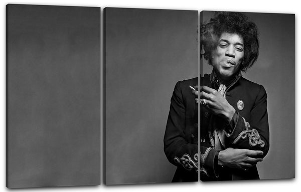 Leinwandbild Jimi Hendrix Portrait mit Zigarett in Hand schwarz-weiß