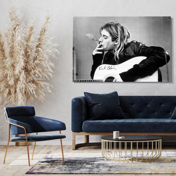 Leinwandbild Kurt Cobain Kult-Foto schwarz weiss Gitarre Autogramm Grunge