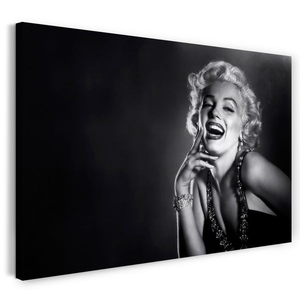 Leinwandbild Marilyn Monroe lachend schwarzes Kleid mit Ausschnitt
