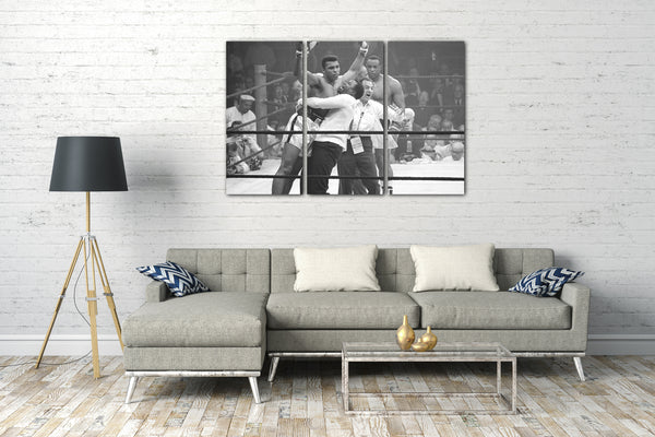 Leinwandbild Muhammad Ali im Ring in Siegerpose von Trainer hoch-gehoben