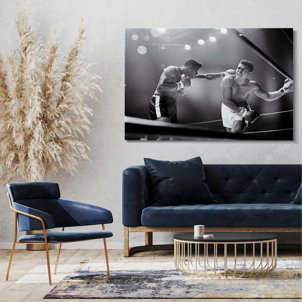 Leinwandbild Muhammad Ali im Ring unter Flutlicht rechter Haken