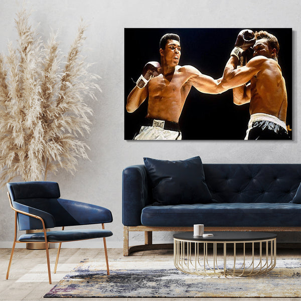 Leinwandbild Muhammad Ali im Ring linker Upper Cut farbig