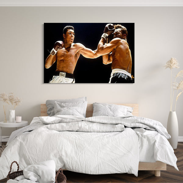 Leinwandbild Muhammad Ali im Ring linker Upper Cut farbig