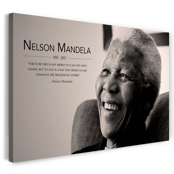 Leinwandbild Nelson Mandela im Sessel lachend Zitat Freiheit Weisheit