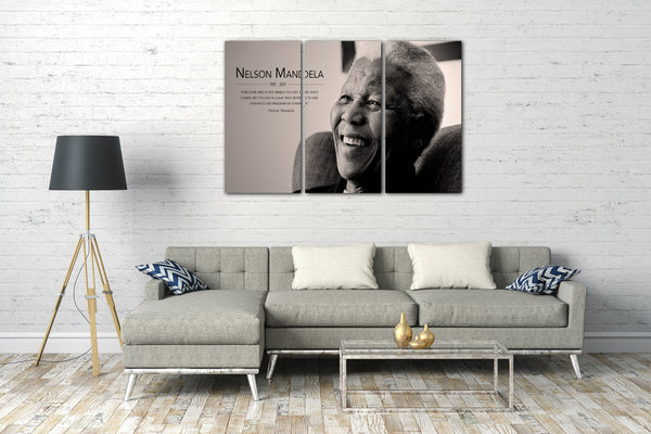 Leinwandbild Nelson Mandela im Sessel lachend Zitat Freiheit Weisheit