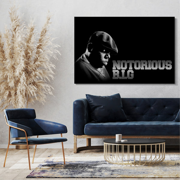 Leinwandbild Notorious BIG Biggie Smalls mit Baskenmütze Schriftzug rechts