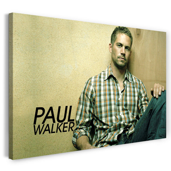 Leinwandbild Paul Walker cooler Blick sitzend an gelber Wand