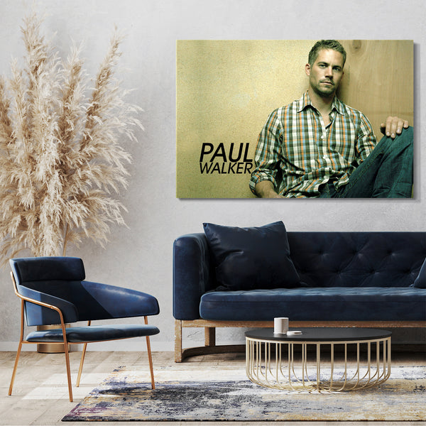 Leinwandbild Paul Walker cooler Blick sitzend an gelber Wand