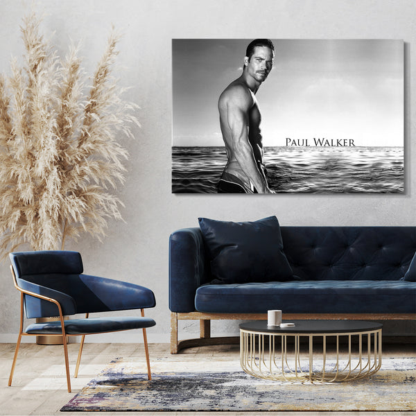 Leinwandbild Paul Walker im Meer sexy Oberkörper frei schwarz-weiß