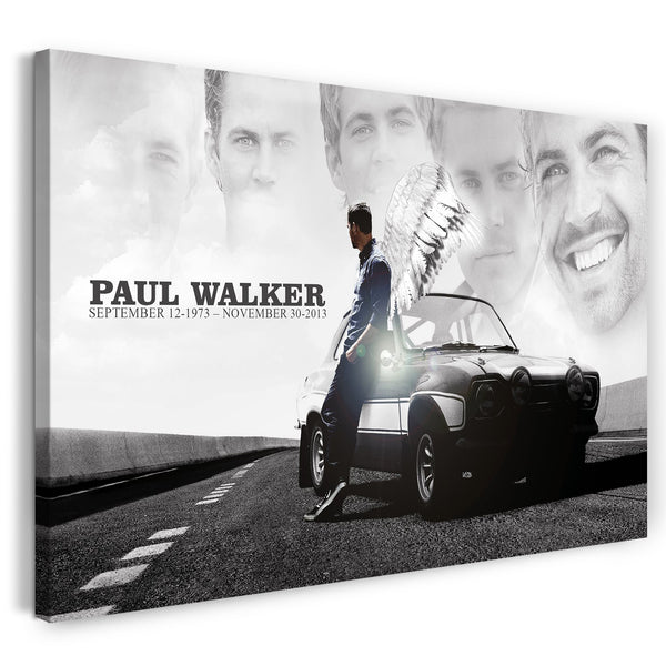 Leinwandbild Paul Walker mit Flügeln an Auto gelehnt Legends never die