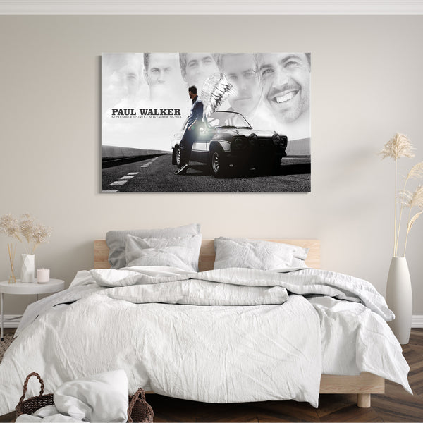 Leinwandbild Paul Walker mit Flügeln an Auto gelehnt Legends never die