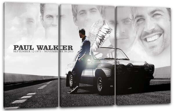 Leinwandbild Paul Walker mit Flügeln an Auto gelehnt Legends never die