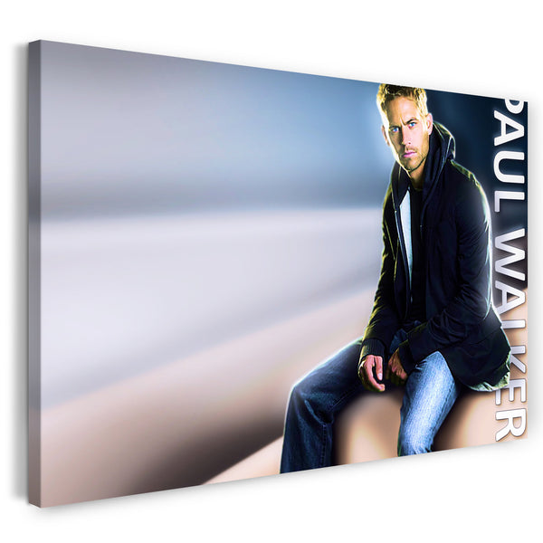 Leinwandbild Paul Walker coole Pose sitzend mit Jeans-Hose und Anorak
