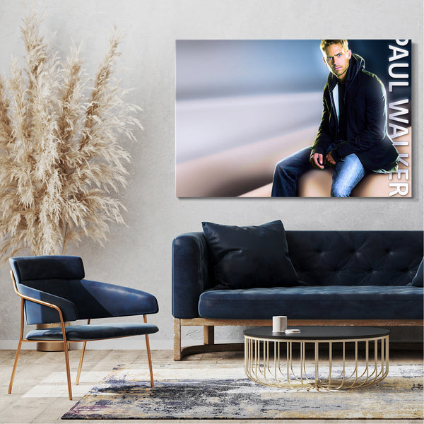 Leinwandbild Paul Walker coole Pose sitzend mit Jeans-Hose und Anorak