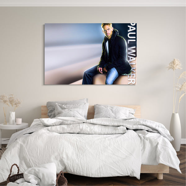 Leinwandbild Paul Walker coole Pose sitzend mit Jeans-Hose und Anorak