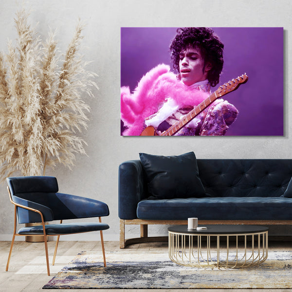 Leinwandbild Prince mit Gitarre pink rosa Schal purple rain