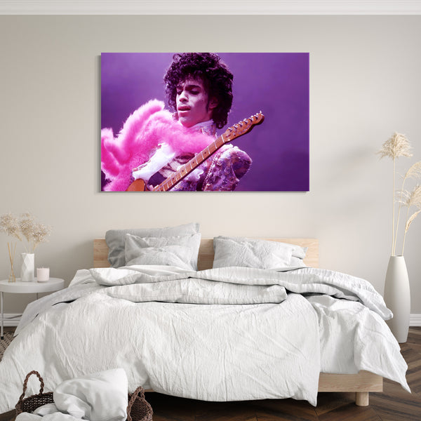 Leinwandbild Prince mit Gitarre pink rosa Schal purple rain