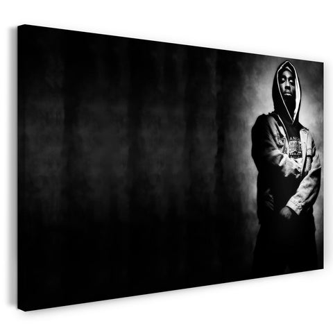 Leinwandbild Tupac 2Pac Shakur in cooler harter Pose mit Jeans-Jacke und Kapuzen-Pulli