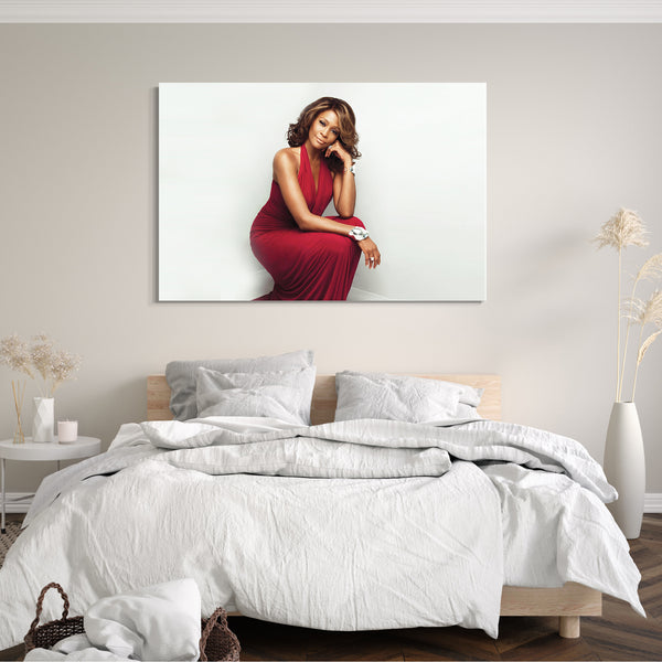 Leinwandbild Whitney Houston sitzend elegant sexy rotes Abendkleid