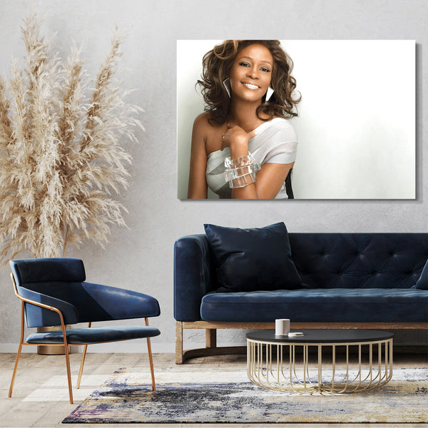 Leinwandbild Whitney Houston sexy lachend silber Kleid eine Schulter frei