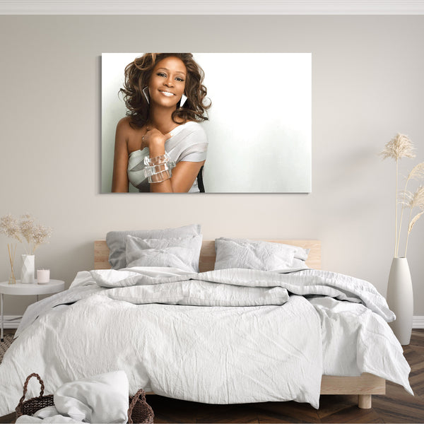 Leinwandbild Whitney Houston sexy lachend silber Kleid eine Schulter frei