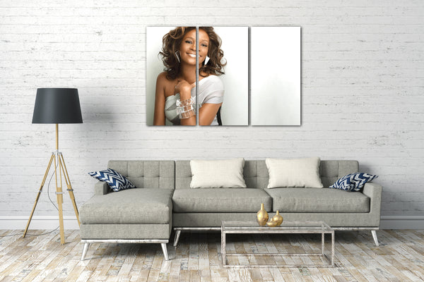 Leinwandbild Whitney Houston sexy lachend silber Kleid eine Schulter frei