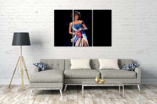 Leinwandbild Whitney Houston schulterfreies blau-weißes Kleid am Mikrofon