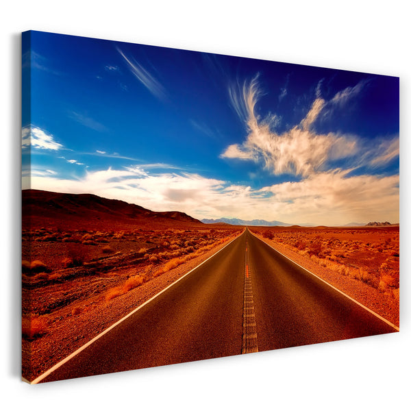 Leinwandbild Auto-Straße in Wüste Panorama USA Route 66 Highway blauer Himmel