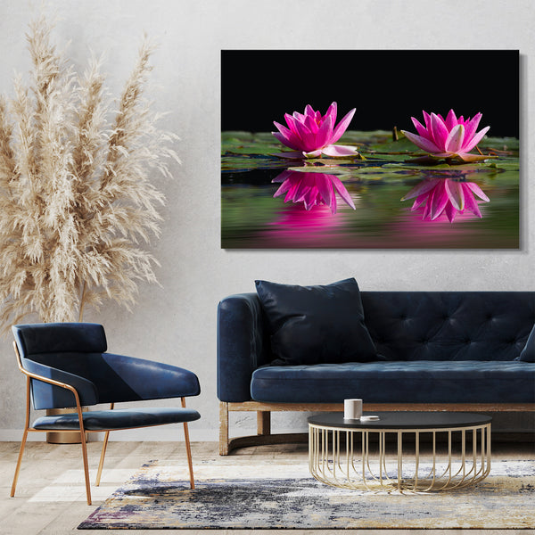 Leinwandbild Wasser-Rosen See-Rosen pink rosa lila und grün im Teich
