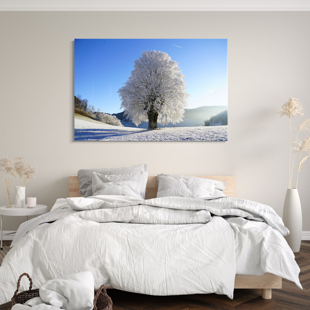 Kunstdruck weißer Schnee-Landschaft Paintings bla Winter Himmel Äste Baum – vereist Printed in klar