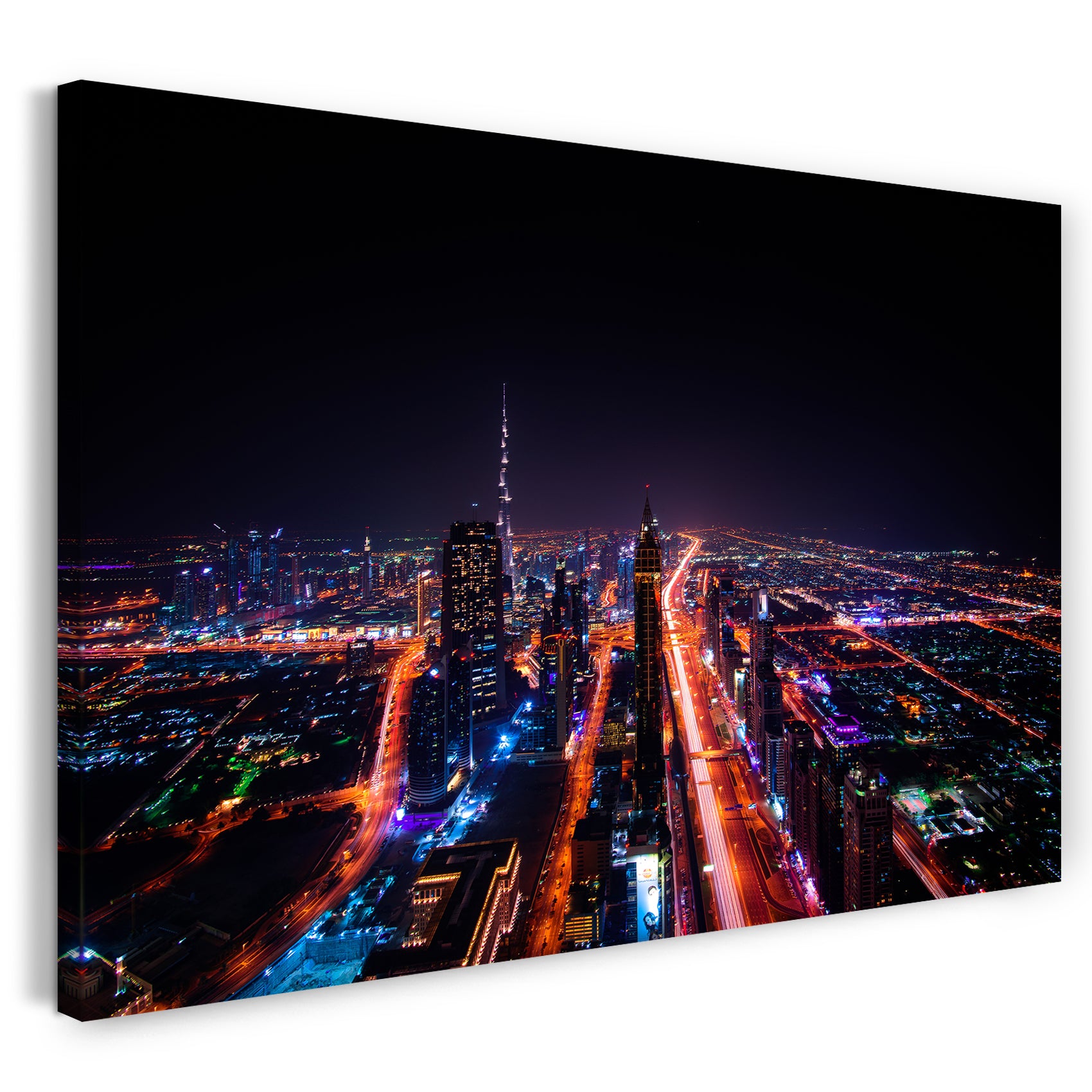 Leinwandbild Skyline von oben in der Nacht Lichter viele Farben Hochhäuser