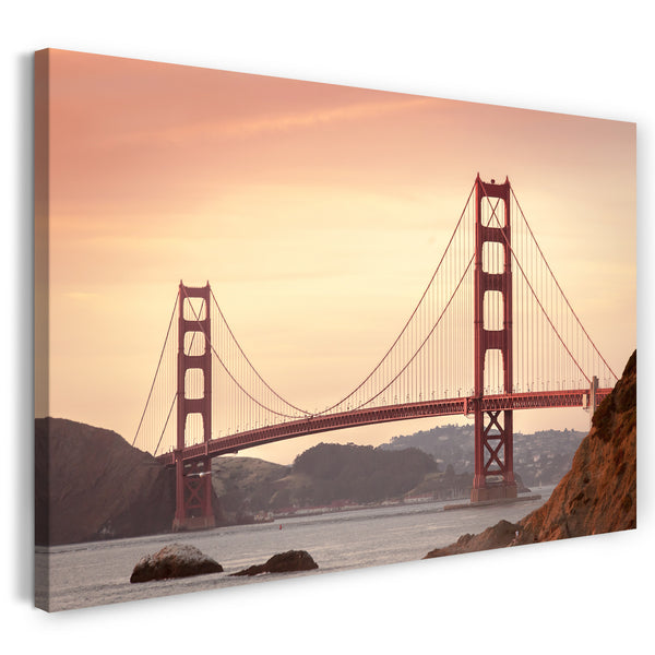 Leinwandbild Golden Gate Bridge Blick von unten links Morgen-Röte im Himmel