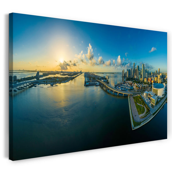 Leinwandbild Panorama Skyline Mega-City Hafen Hochhäuser Meer Gebäude Sonne